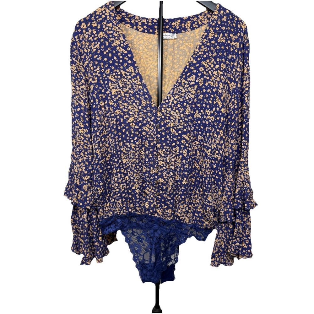 Intimately Free People Bodysuit Women’s Sz M Dainty Blue Floral Blouse Boho Lace